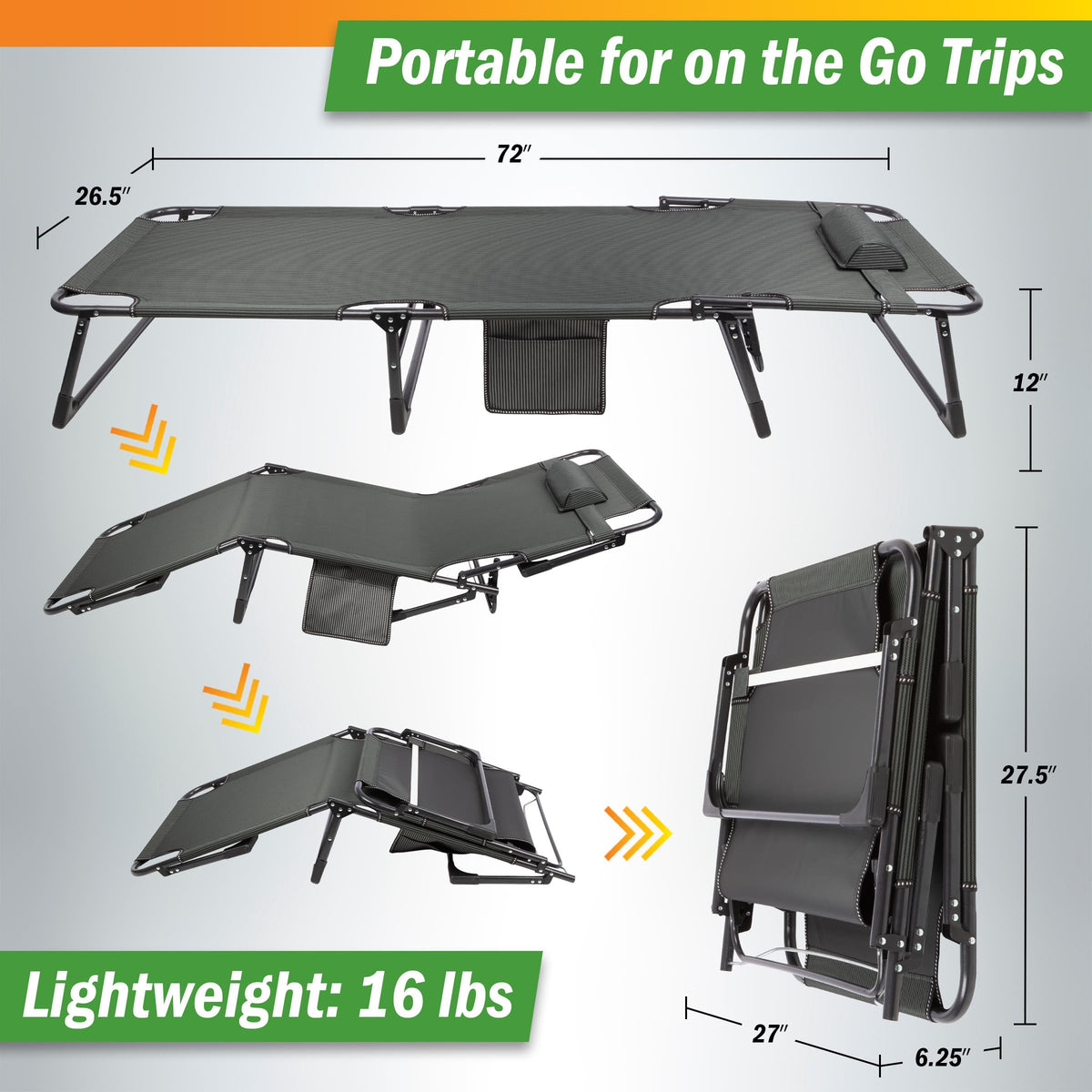 Folding Camping Cot with Mattress, Heavy Duty Foldable Bed with 3 Recline Positions, Gray P106138