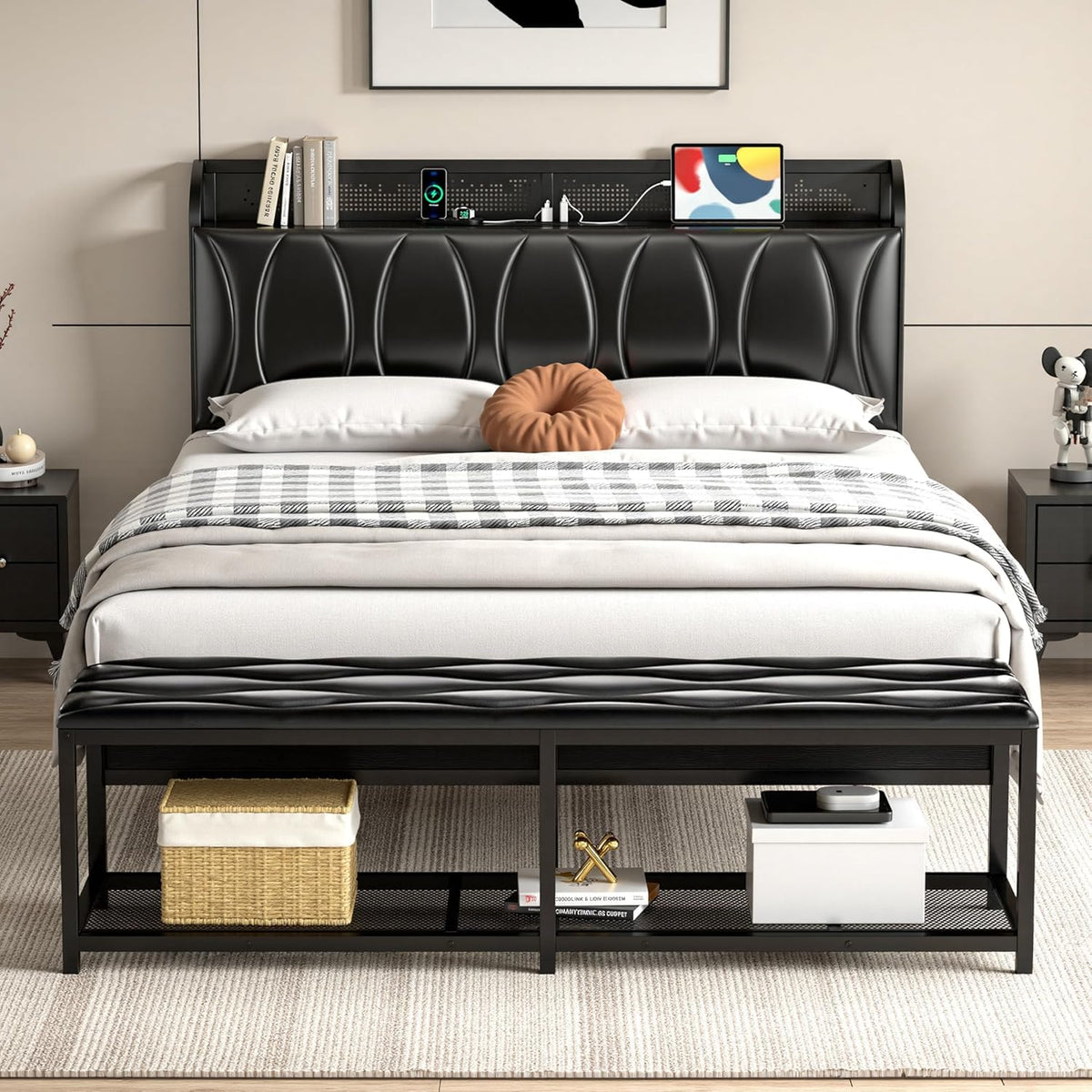 Black Full Size Upholstered Bed Frame with Storage T225936