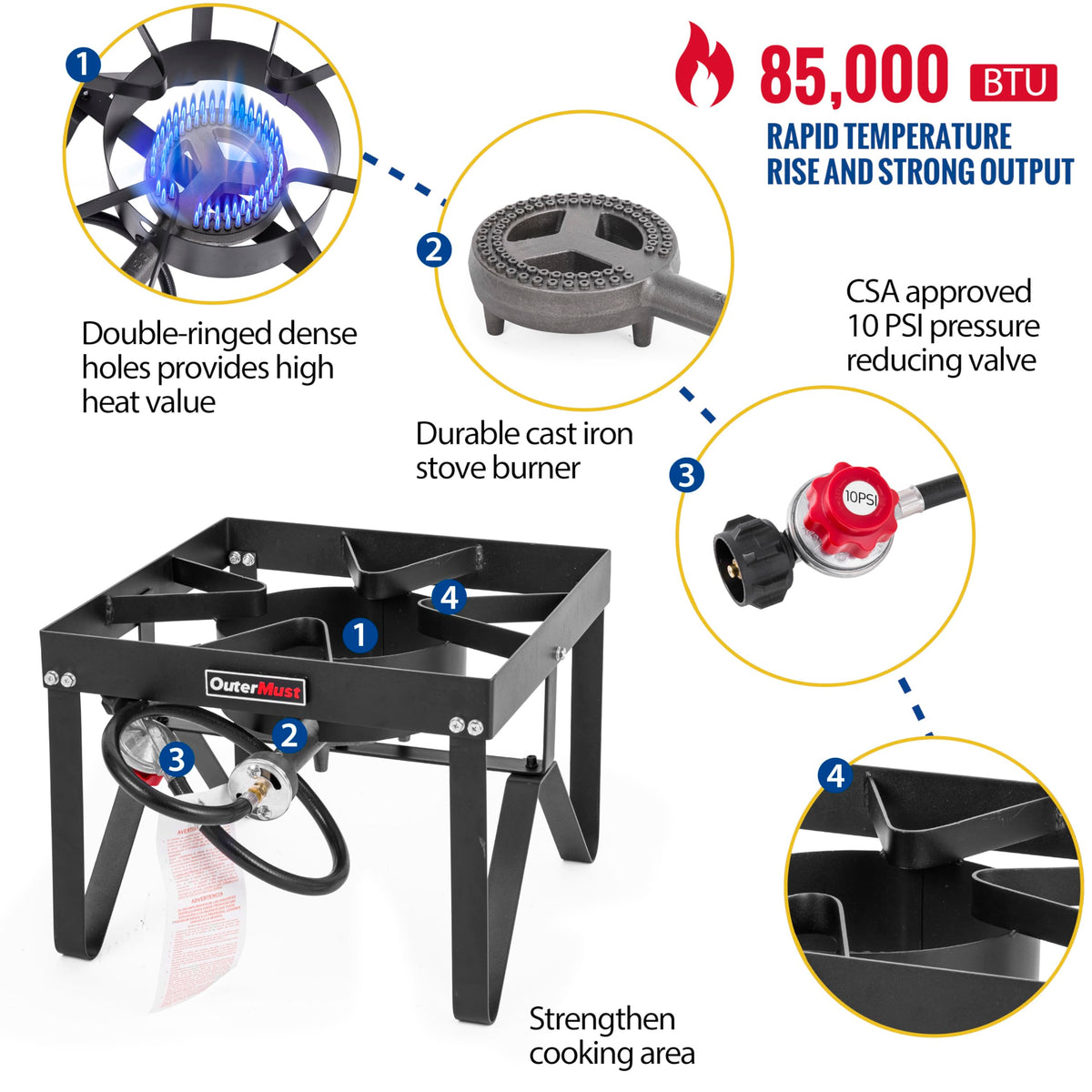 Heavy Duty Propane Burner with 10 PSI Regulator and Cast Iron E964612
