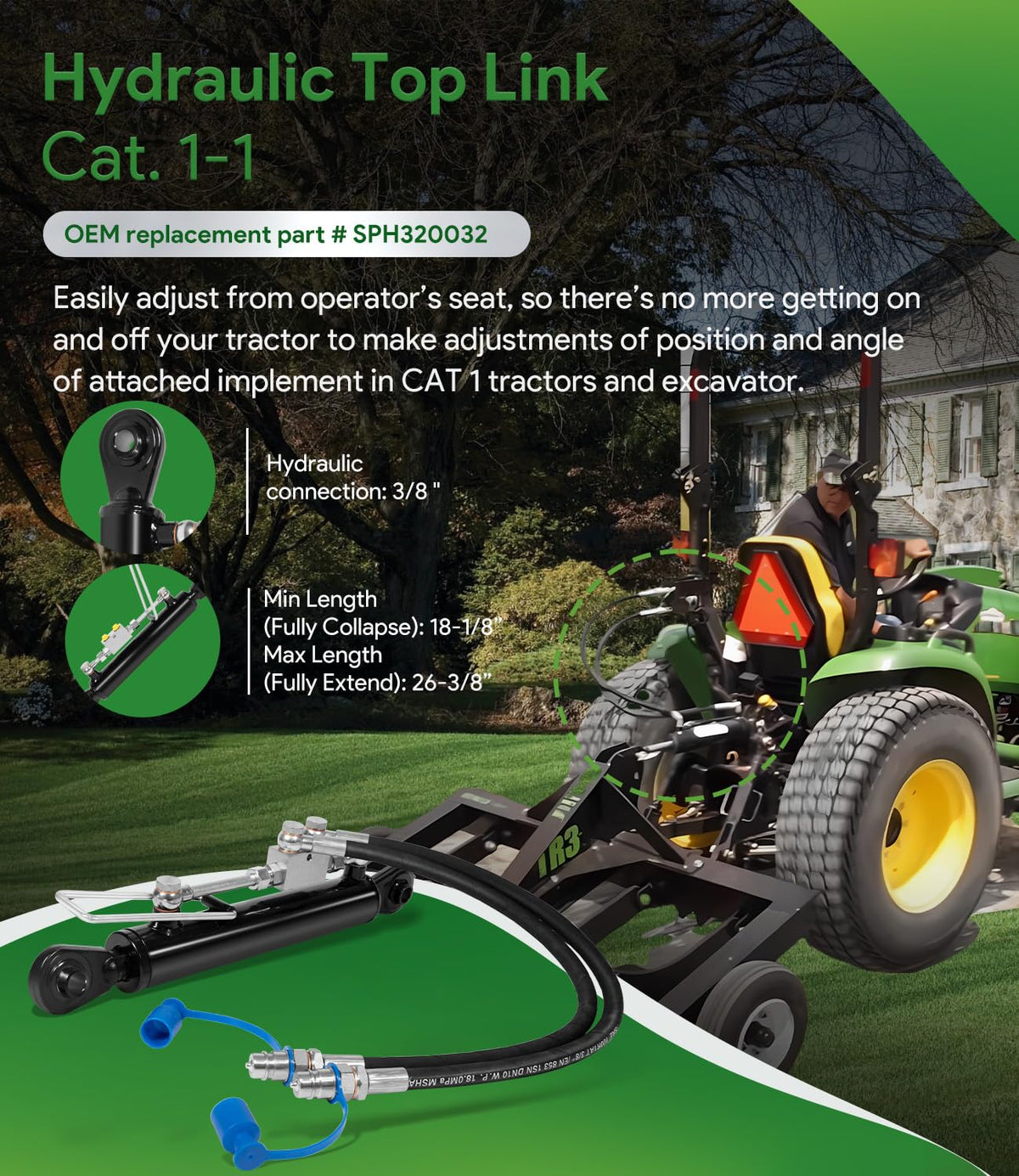 Hydraulic Top Link Cat. 1-1 with Locking Block and 2 Hose V487