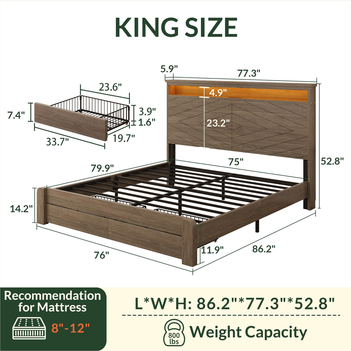 King Size Brown Wooden Platform Bed Frame with Headboard N399302