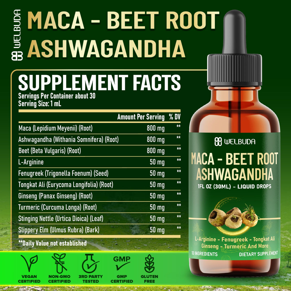 Maca Root Liquid Drops with Ashwagandha, Fenugreek, Beet Root and L-Arginine, 1 FL Oz K837156
