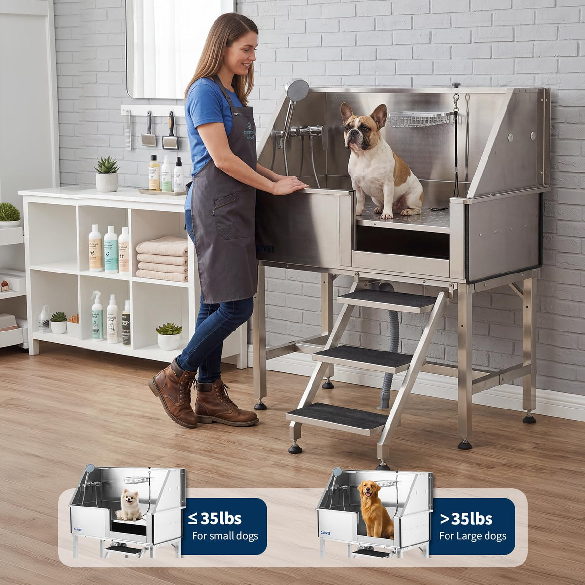 46 Inch Stainless Steel Dog Washing Station with Stair K434246