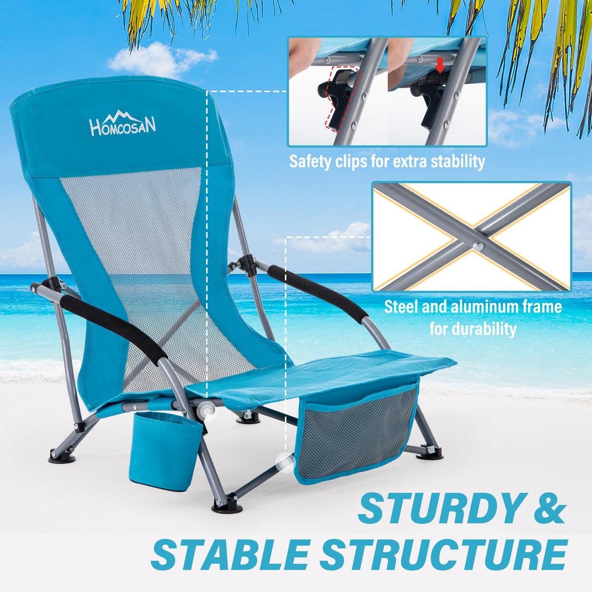 Portable Low Folding Beach Chairs Set of 2 Lightweight with Cup Holder Storage Pockets Carry Bag Blue A8333