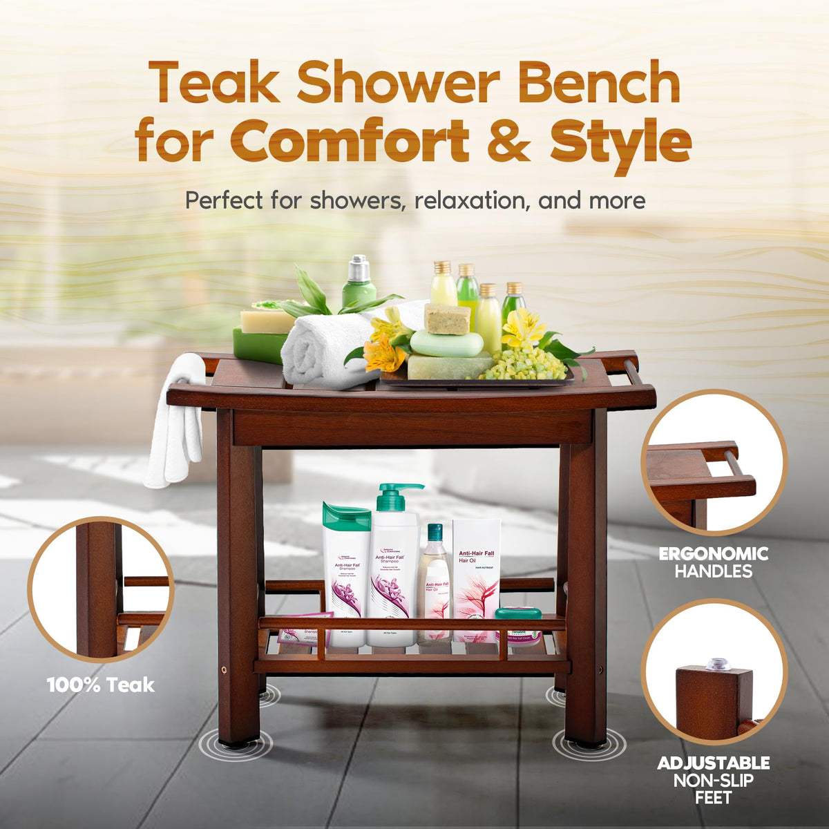 21" Teak Shower Bench with Storage Shelf M3854