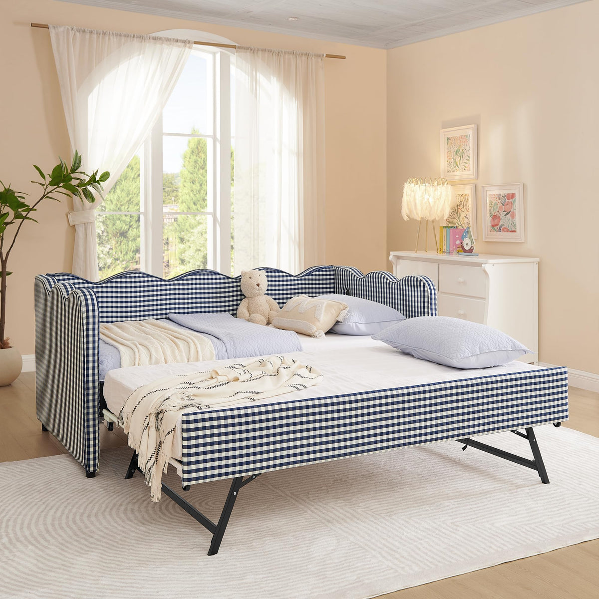 Navy Gingham Linen Upholstered Twin Size Daybed with Trundle A89999