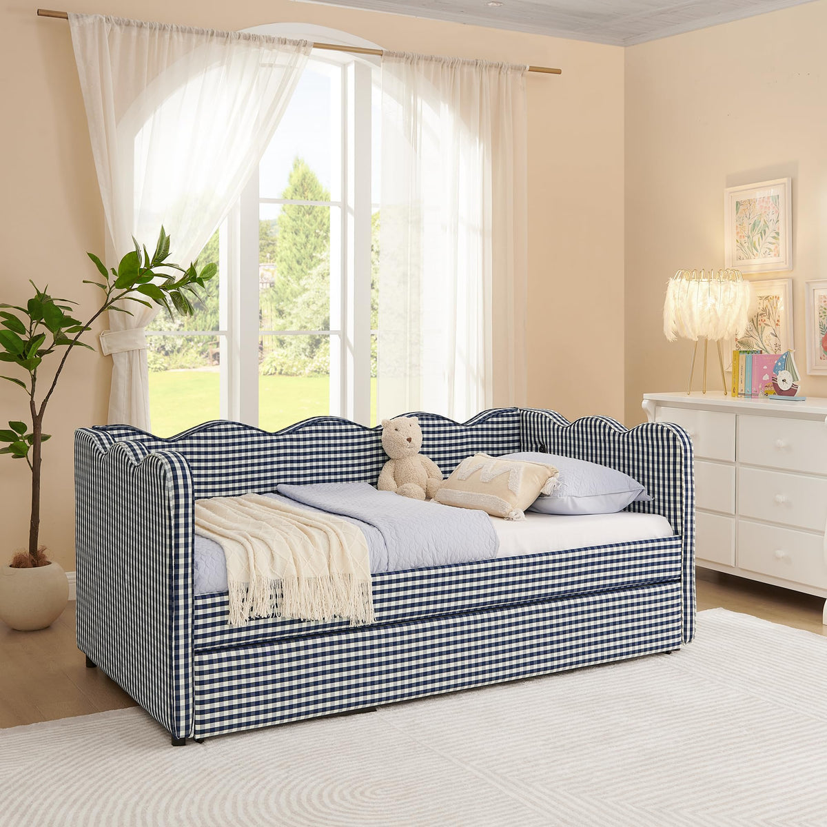 Navy Gingham Linen Upholstered Twin Size Daybed with Trundle A89999