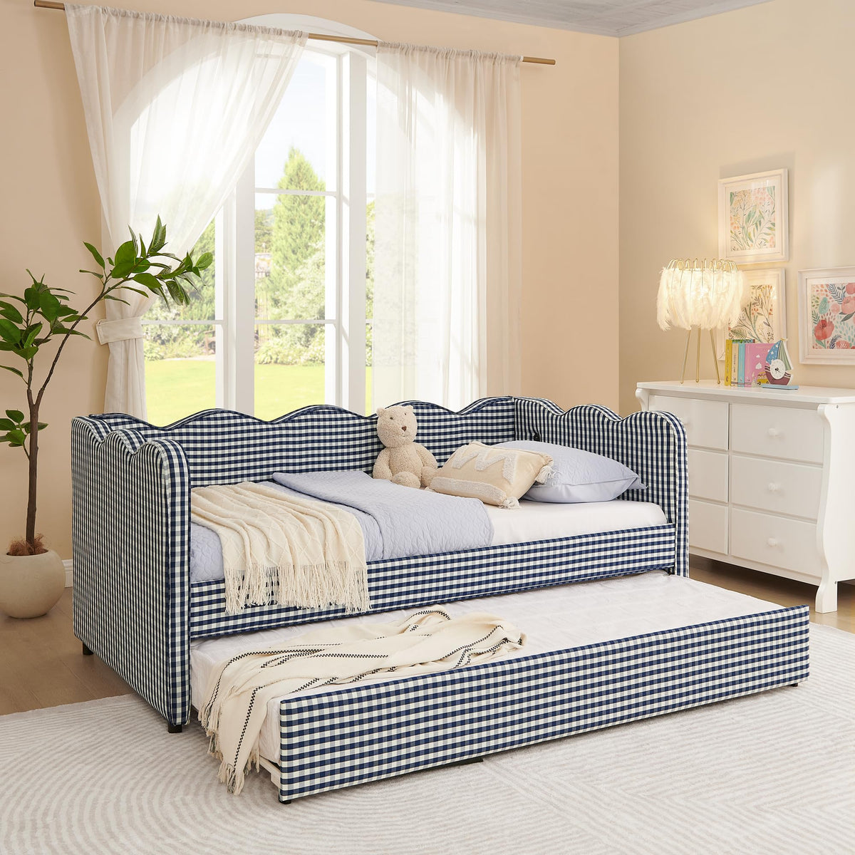 Navy Gingham Linen Upholstered Twin Size Daybed with Trundle A89999
