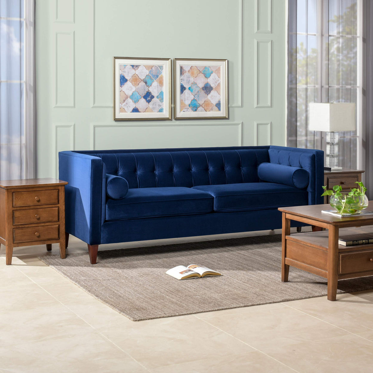 84" Navy Blue Velvet Tufted Sofa U782837