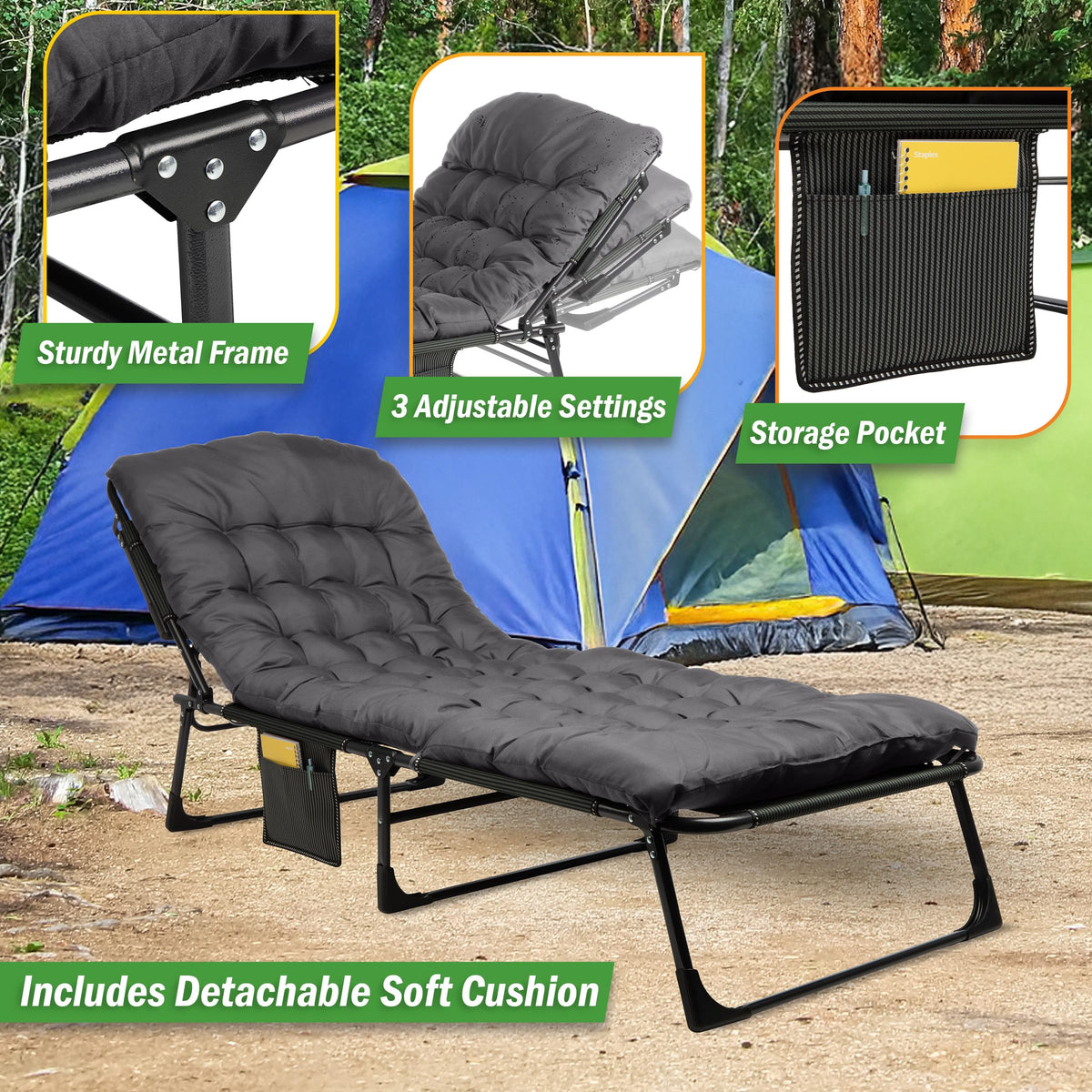 Folding Camping Cot with Mattress, Heavy Duty Foldable Bed with 3 Recline Positions, Gray P106138