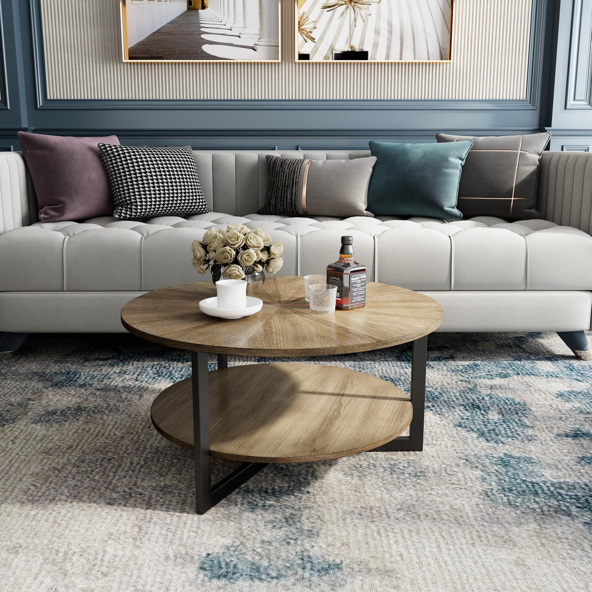 33.5" Round 2-Tier Wood Coffee Table with Storage K3188