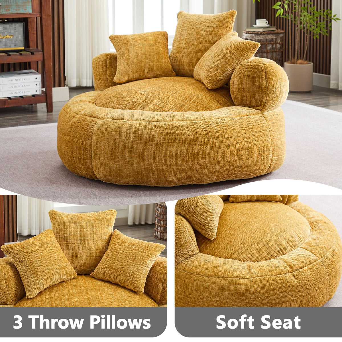 Oversized Chenille Bean Bag Chair with Pillows D751