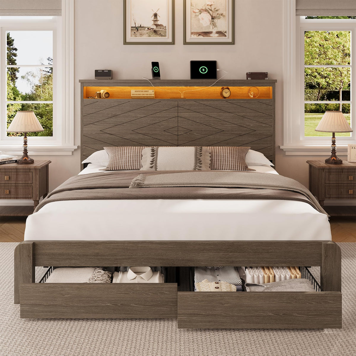 King Size Brown Wooden Platform Bed Frame with Headboard N399302