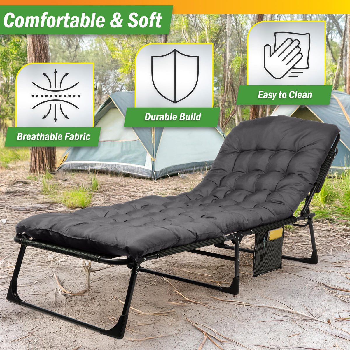 Folding Camping Cot with Mattress, Heavy Duty Foldable Bed with 3 Recline Positions, Gray P106138