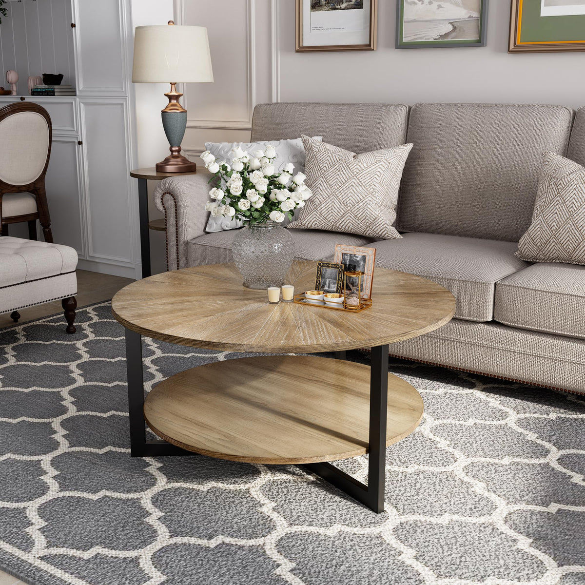 33.5" Round 2-Tier Wood Coffee Table with Storage K3188