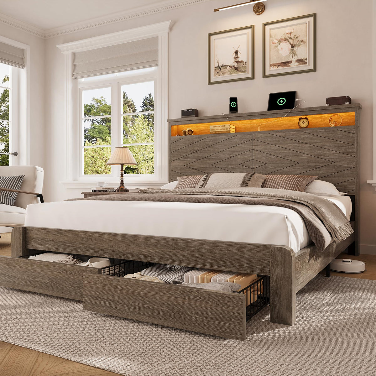 King Size Brown Wooden Platform Bed Frame with Headboard N399302